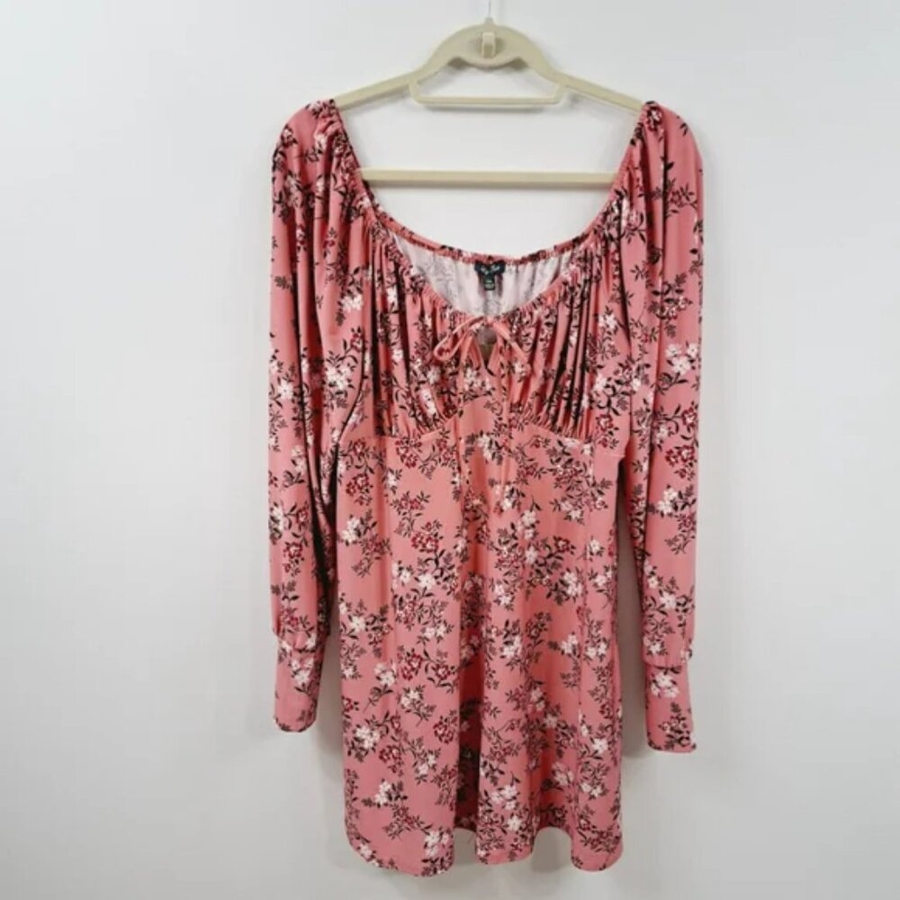 Lily Rose L Pink Ditsy Floral Babydoll Romantic Long Sleeve Mini Dress